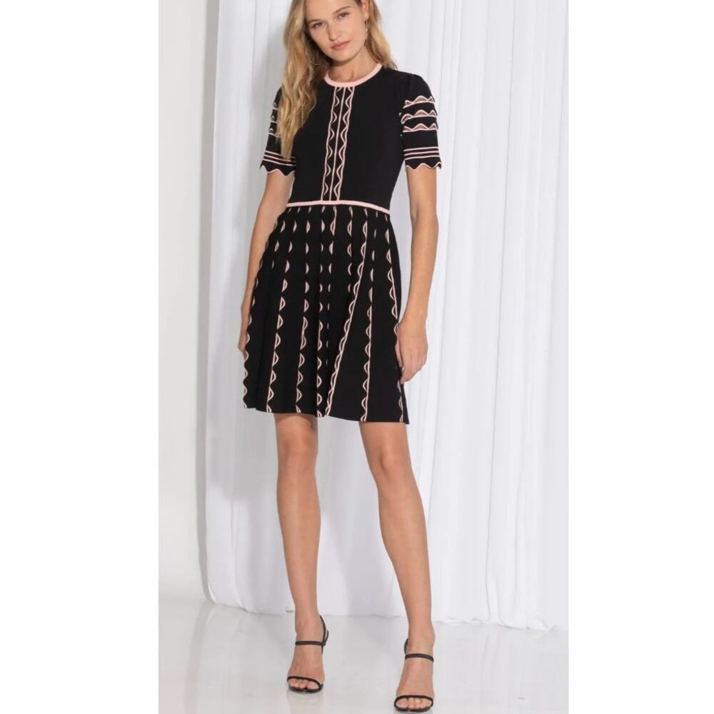 Shoshanna Crew Neck Short Sleeve A-Line Knit Dress in Black/Pink size XS